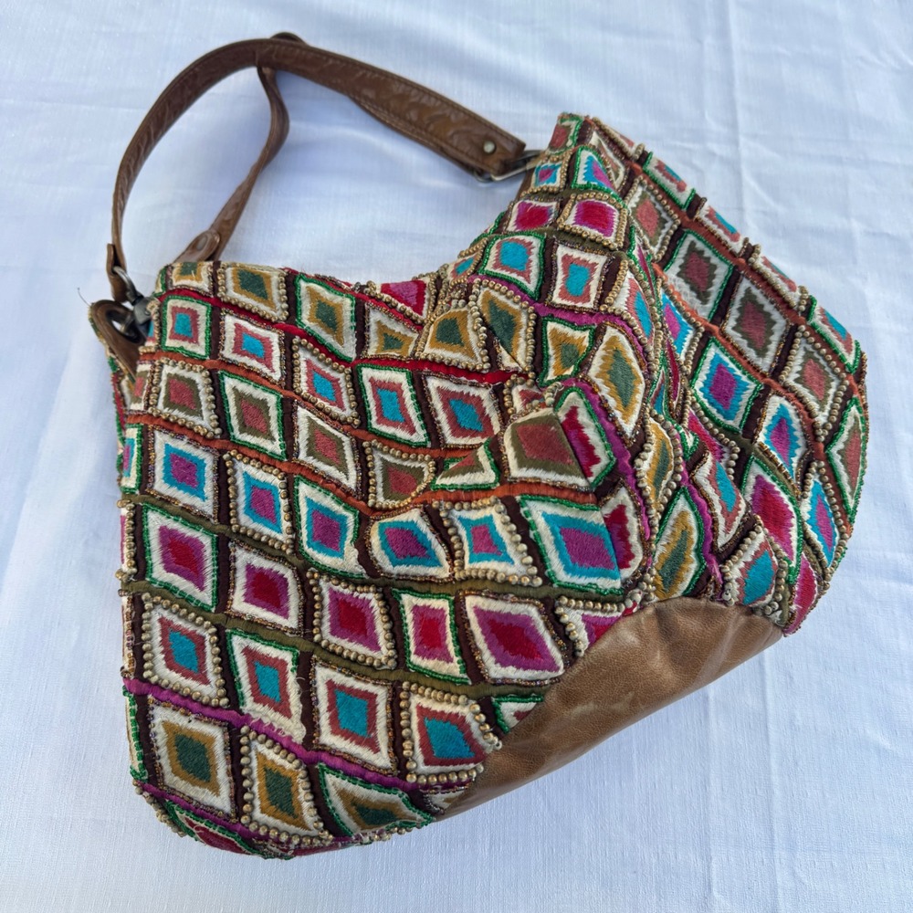 Mary Frances Hobo Bag Brown Beaded Embroidered Leather Diamond Anthropologie